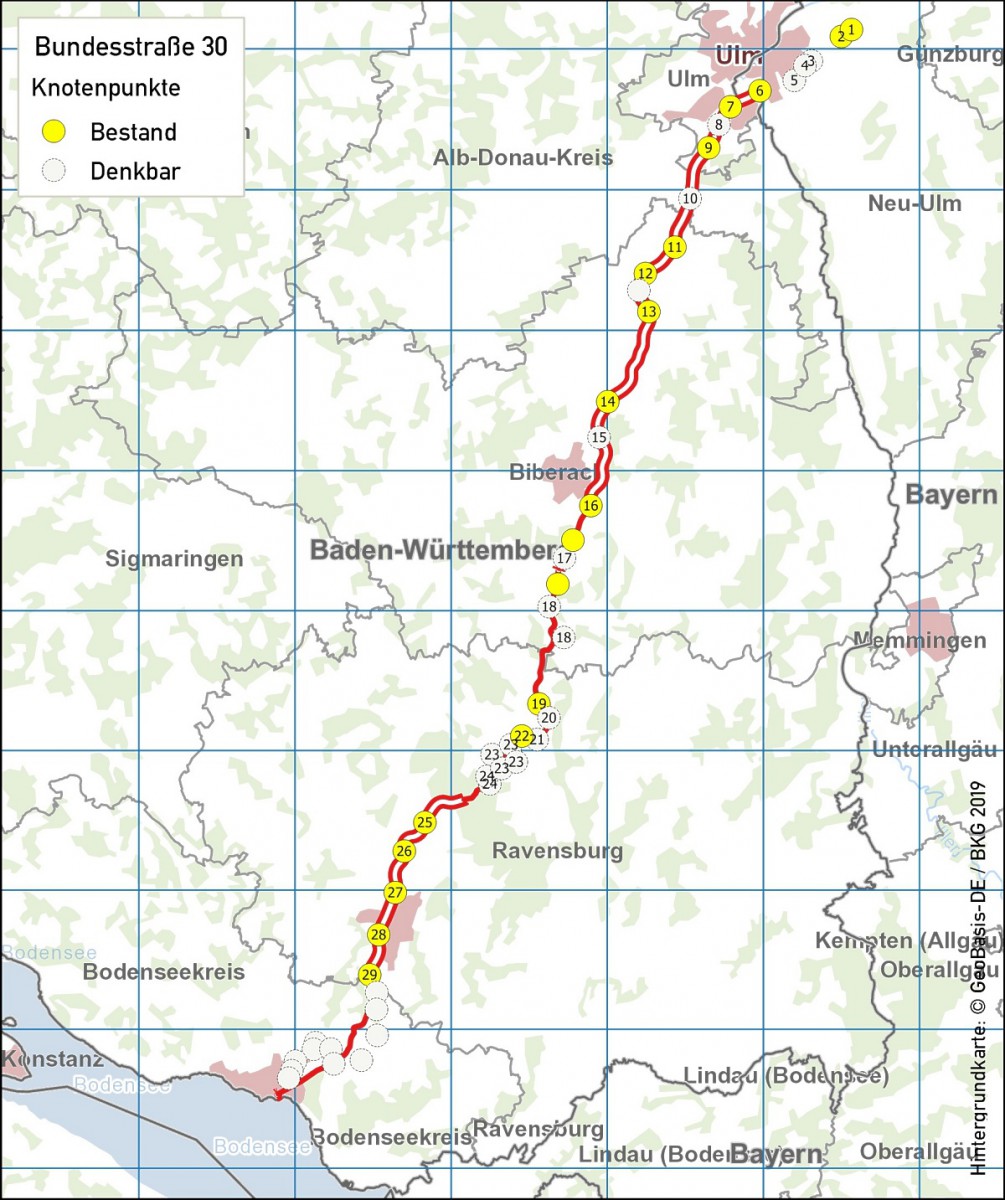 Anschlussstellen der Bundesstraße 30 in Oberschwaben Anschlussstellen der Bundesstraße 30 in Oberschwaben
