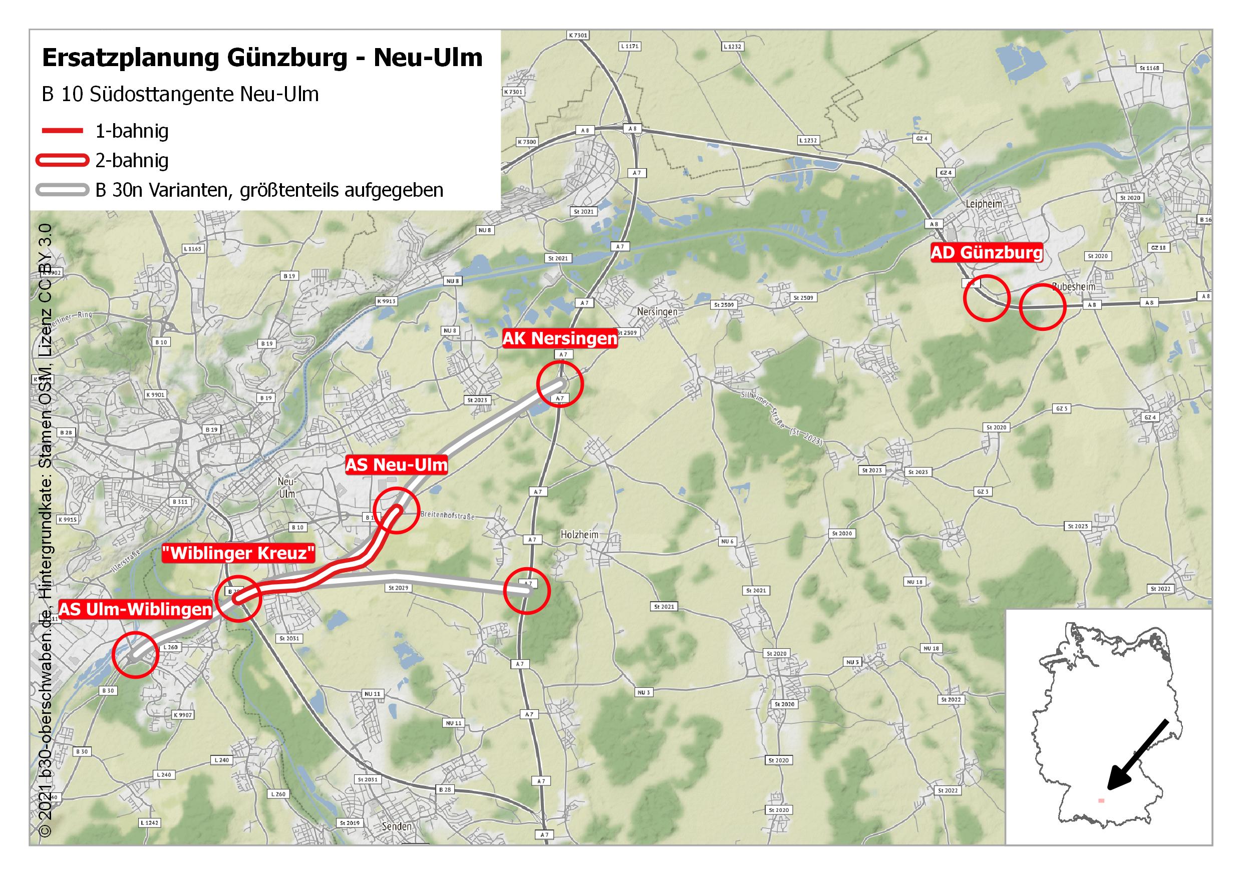 Die Abbildung zeigt eine Grafik zum möglichen Verlauf der B10 Südosttangente Neu-Ulm