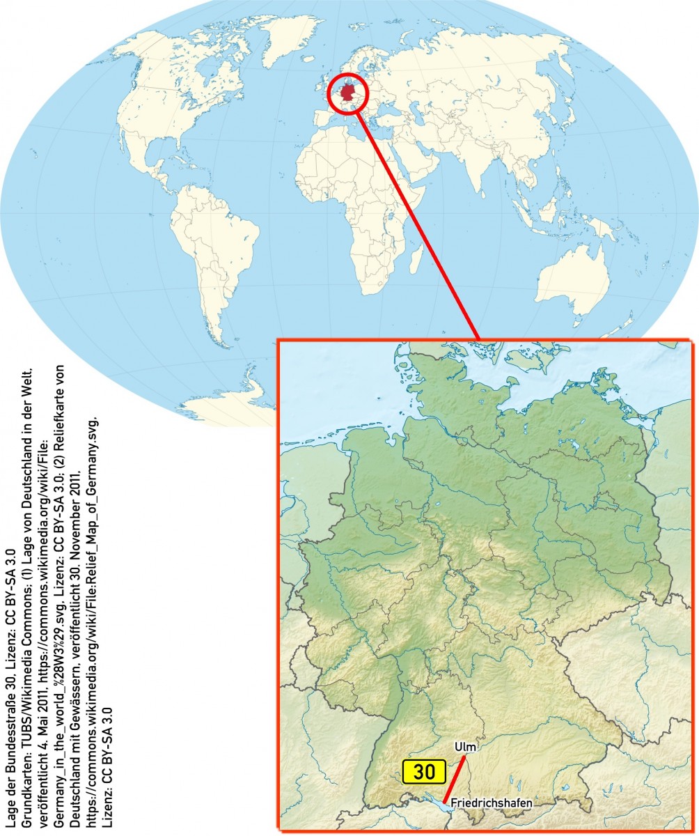 Lage der Bundesstraße 30 in Oberschwaben Lage der Bundesstraße 30 in Oberschwaben
